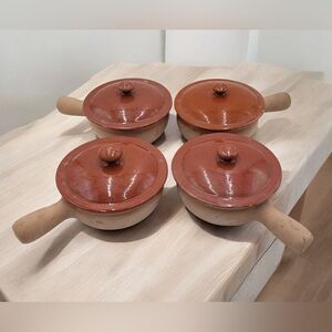 4 Vallarius Terracotta Glazed Covered Handled Soup Bowl Crock Bakeware France